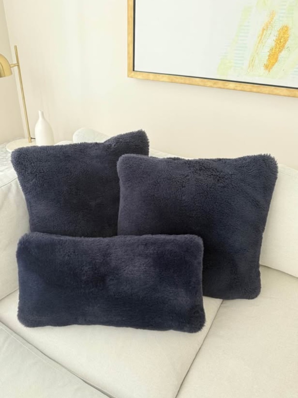 Set of 3 Navy Blue Plush Decorative Throw Pillows Soft Fuzzy Faux Fur Indoor/Out